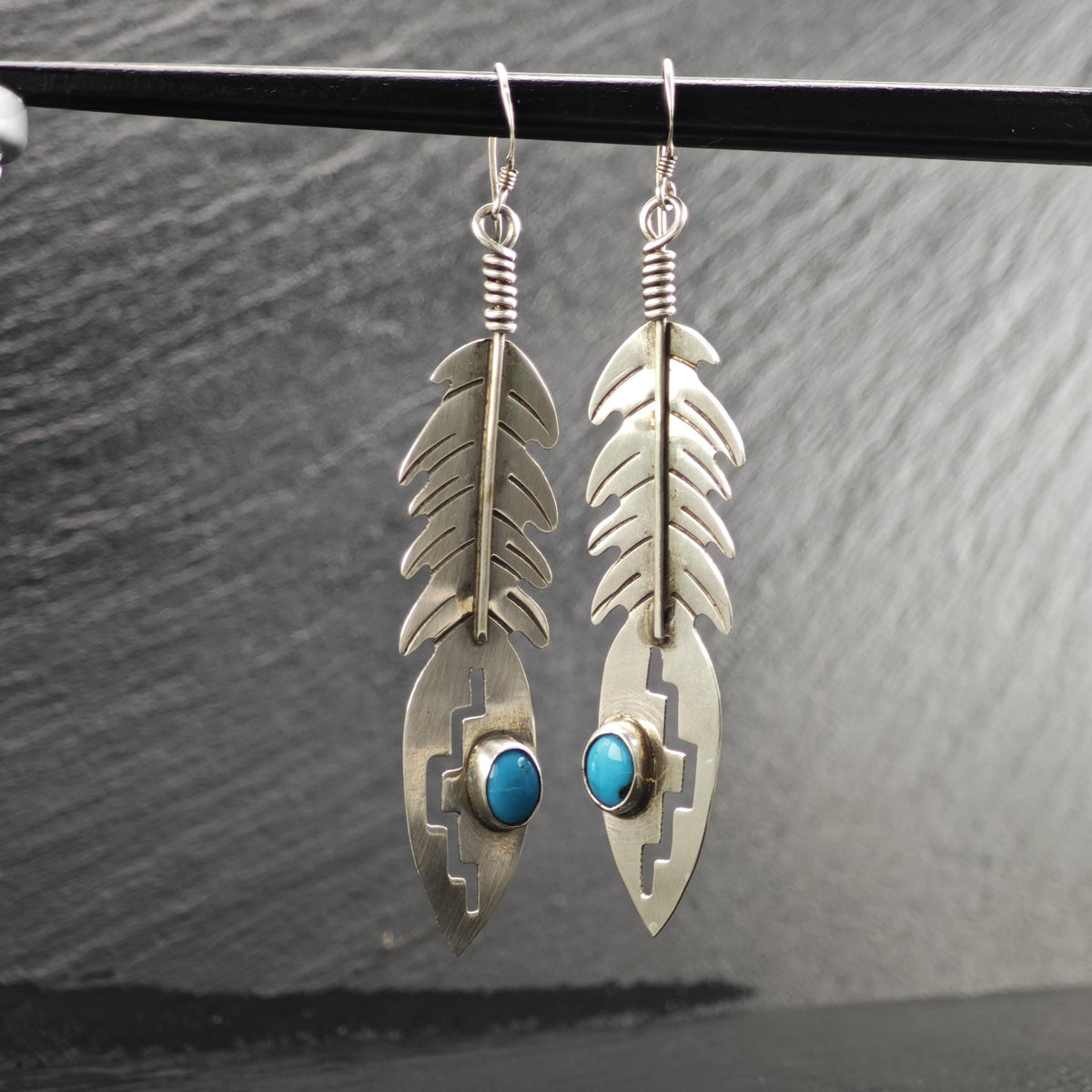 Navajo Turquoise Feather Design Dangle Sterling Silver Earrings ER3237