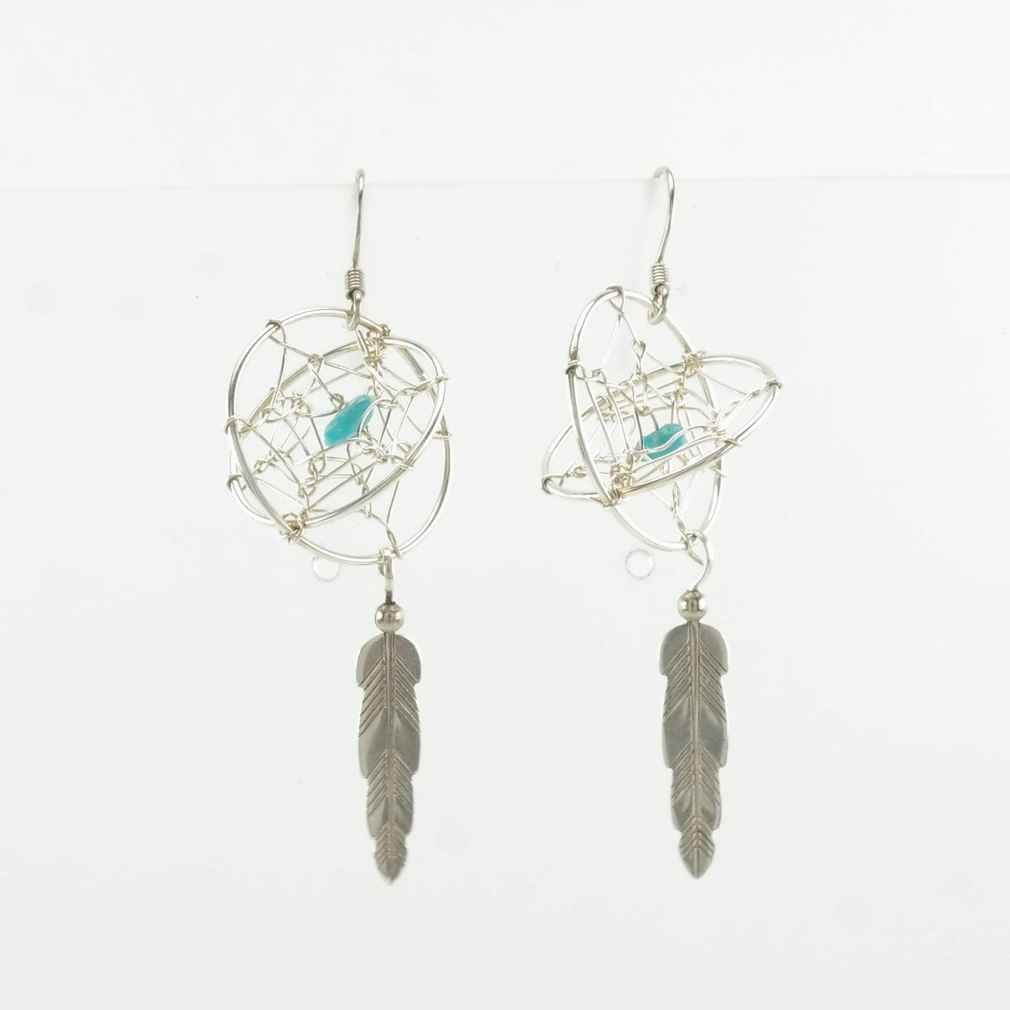 Southwest Sterling Silver Turquoise Dreamcatcher, Feather Earrings Fish hook