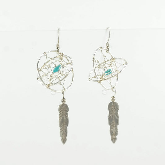 Southwest Sterling Silver Turquoise Dreamcatcher, Feather Earrings Fish hook