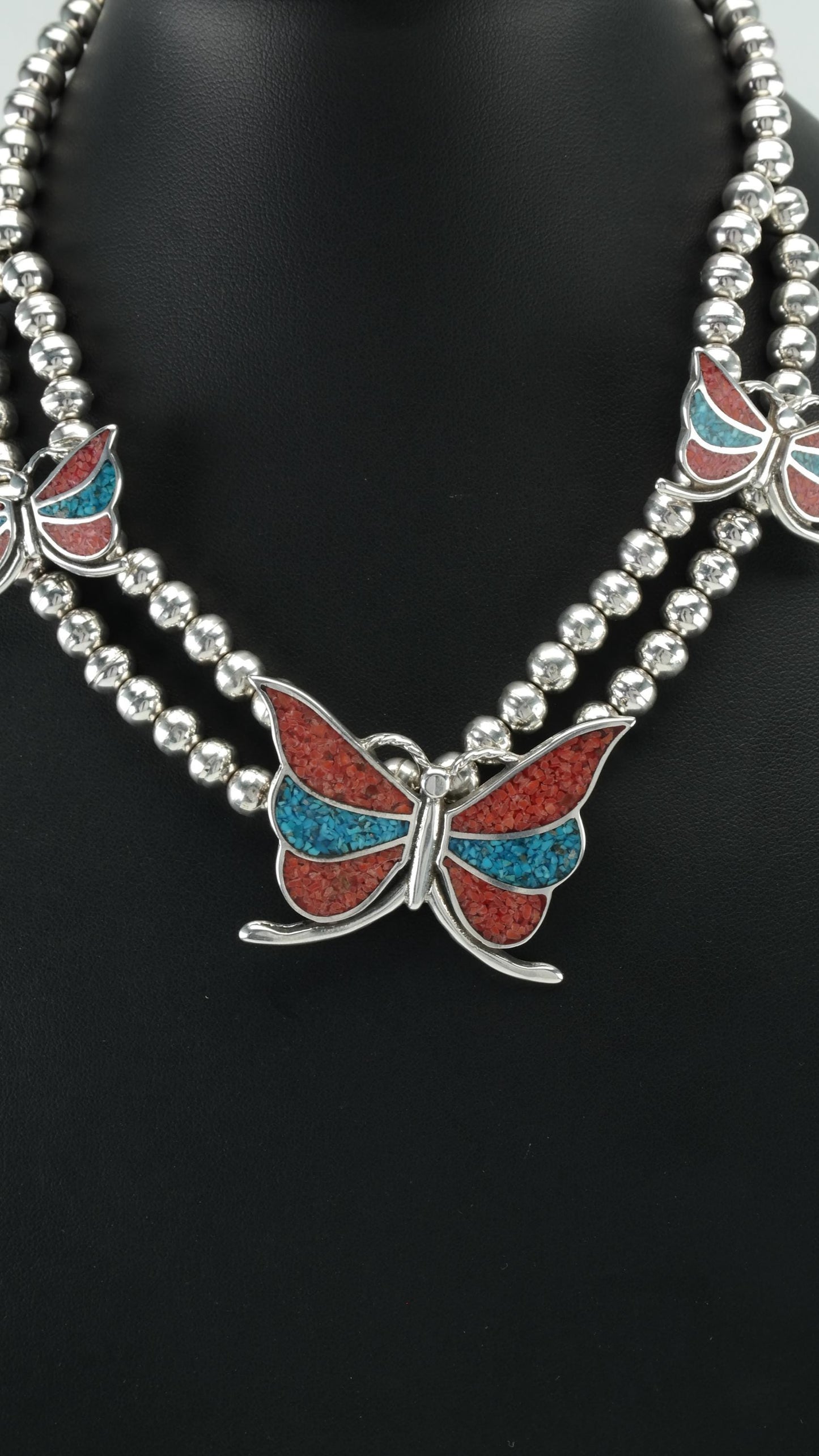 Sterling Silver Butterfly Necklace, Turquoise & Coral, Southwest