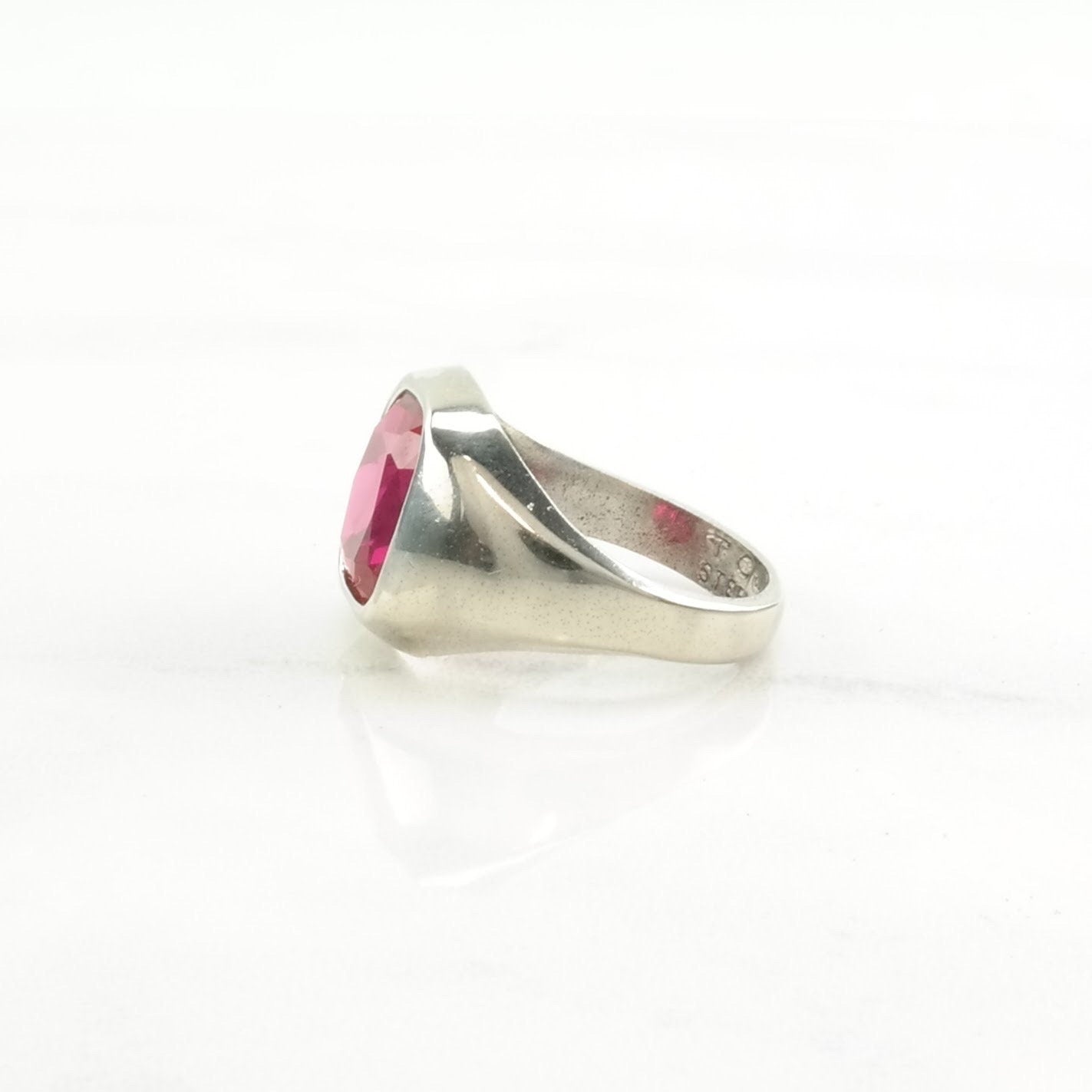 Art Deco Style, Pinky Ring Silver Ring Created Ruby Modernist Sterling Pink Size 6 1/2