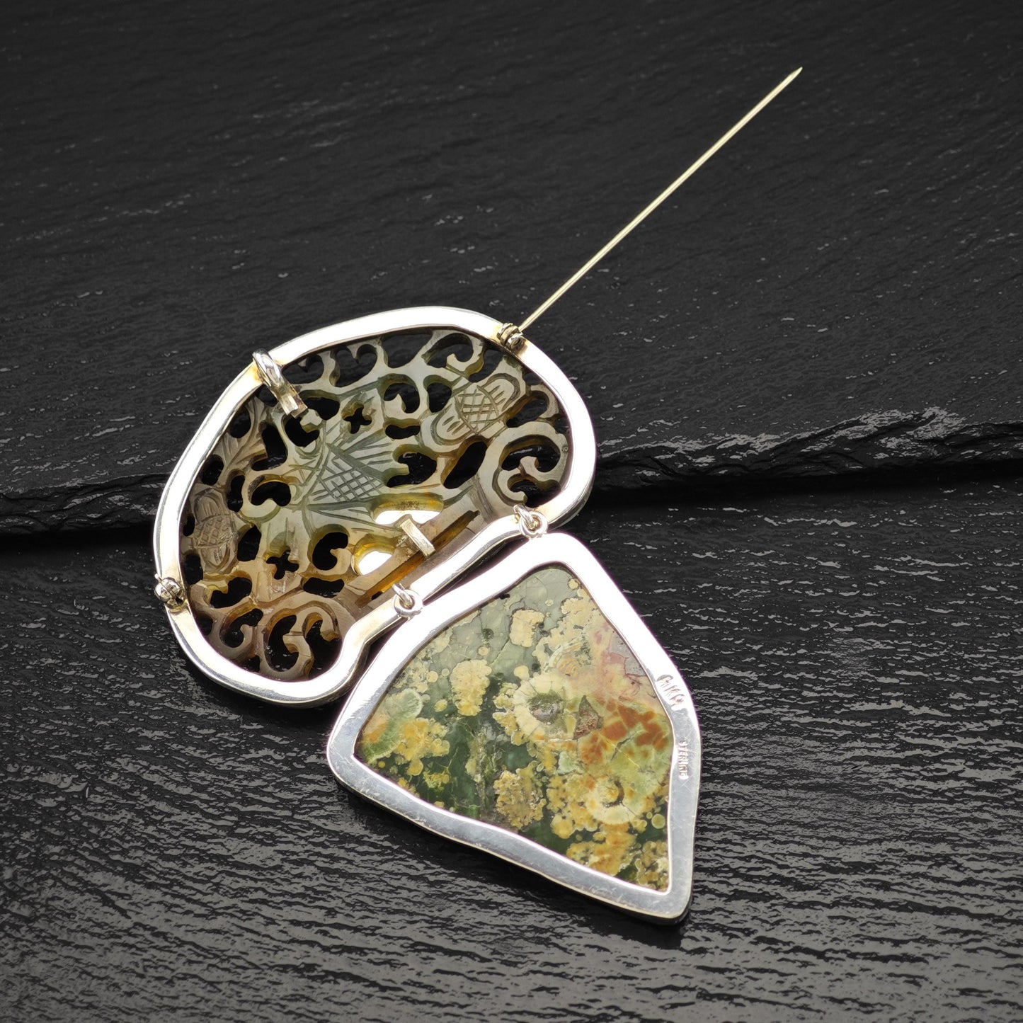 AKR Sterling Silver Brooch Pendant Carved Multi-color Averturine Jasper B2145