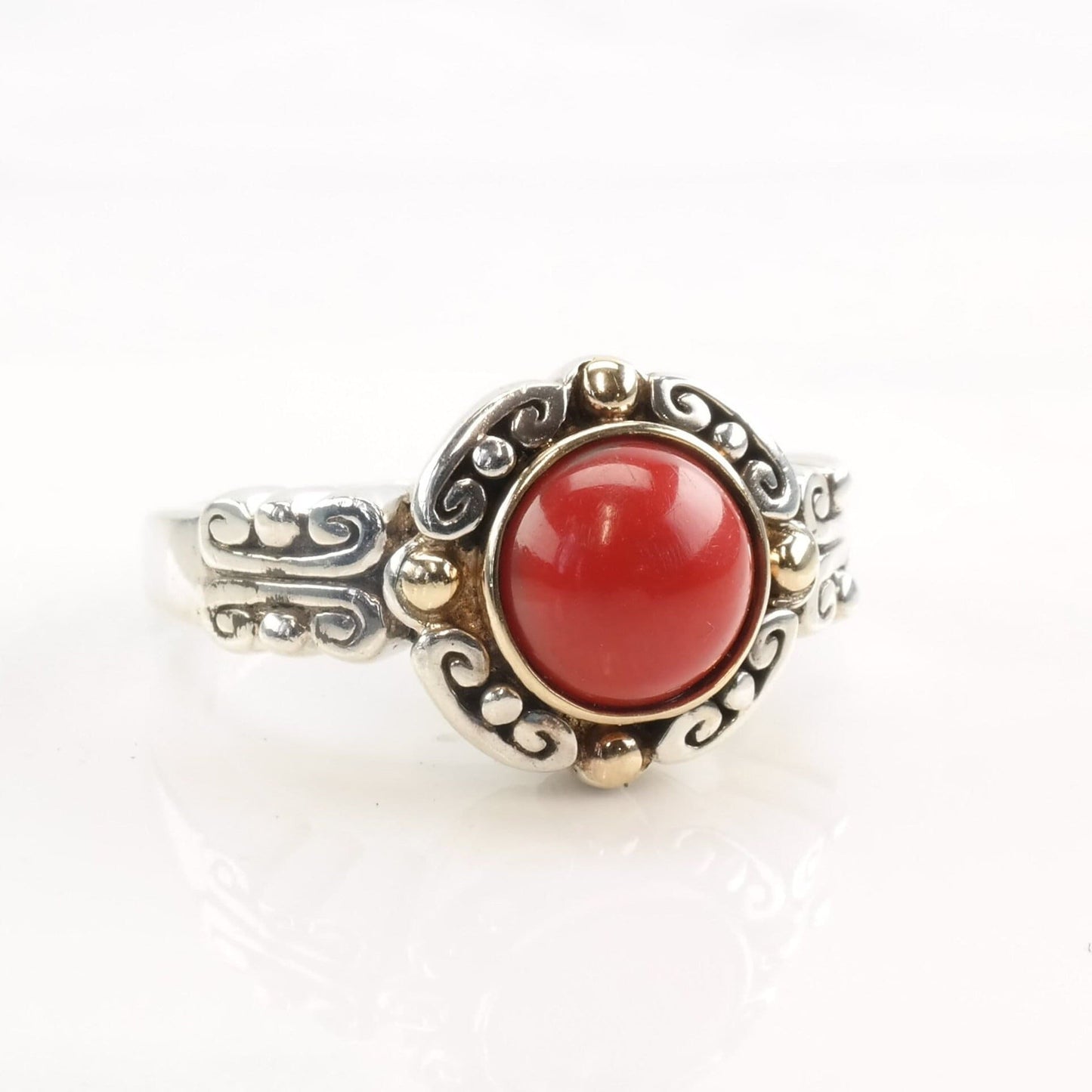 Silver Ring Faux Coral 14k Gold Beads Size 7 1/4