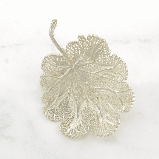 Vintage Silver Brooch Leaf, Filigree Sterling