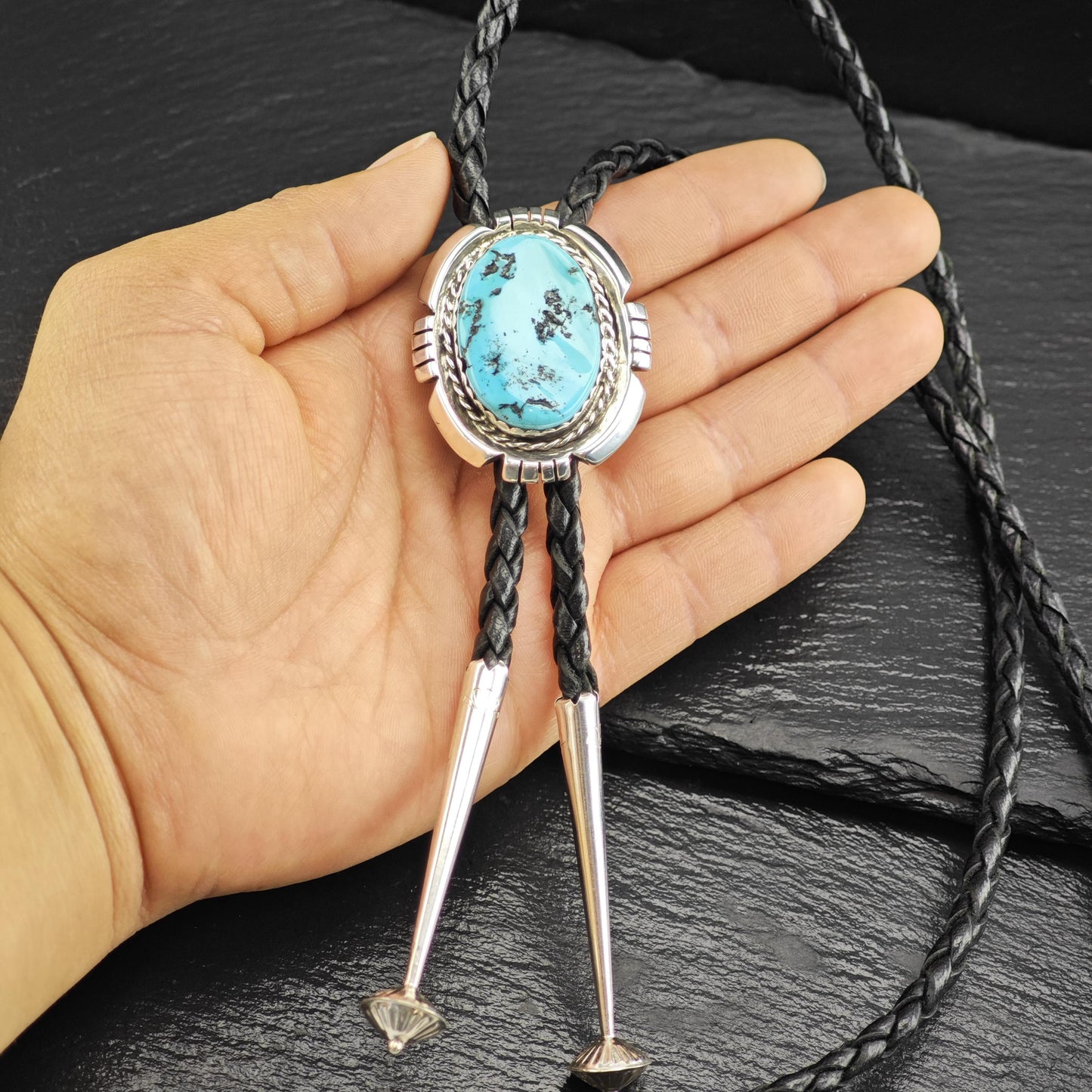 Vintage Native American Sterling Silver Sleeping Beauty Turquoise Bolo Tie Necklace N2745