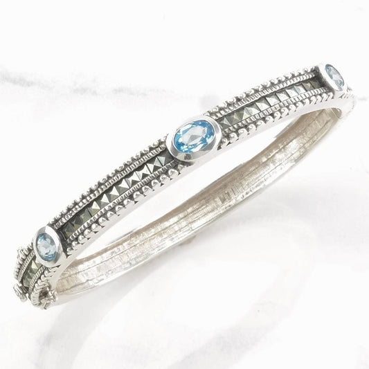 Sterling Silver Bangle Bracelet Blue Topaz Marcasite