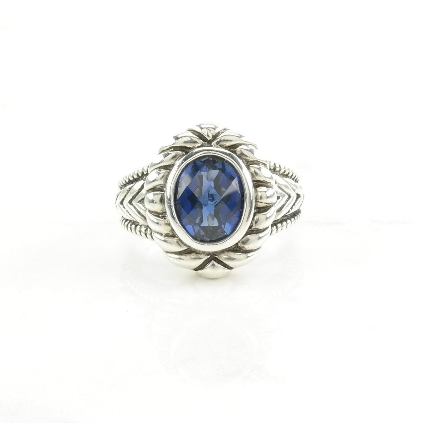 Vintage Sterling Silver Ring Created Sapphire Rope Detail Blue Size 7