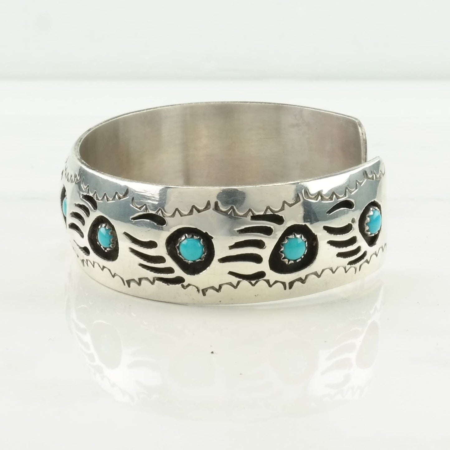 Native American Sterling Silver Cuff Bracelet Blue Turquoise Shadowbox, Bear Claw, Paw