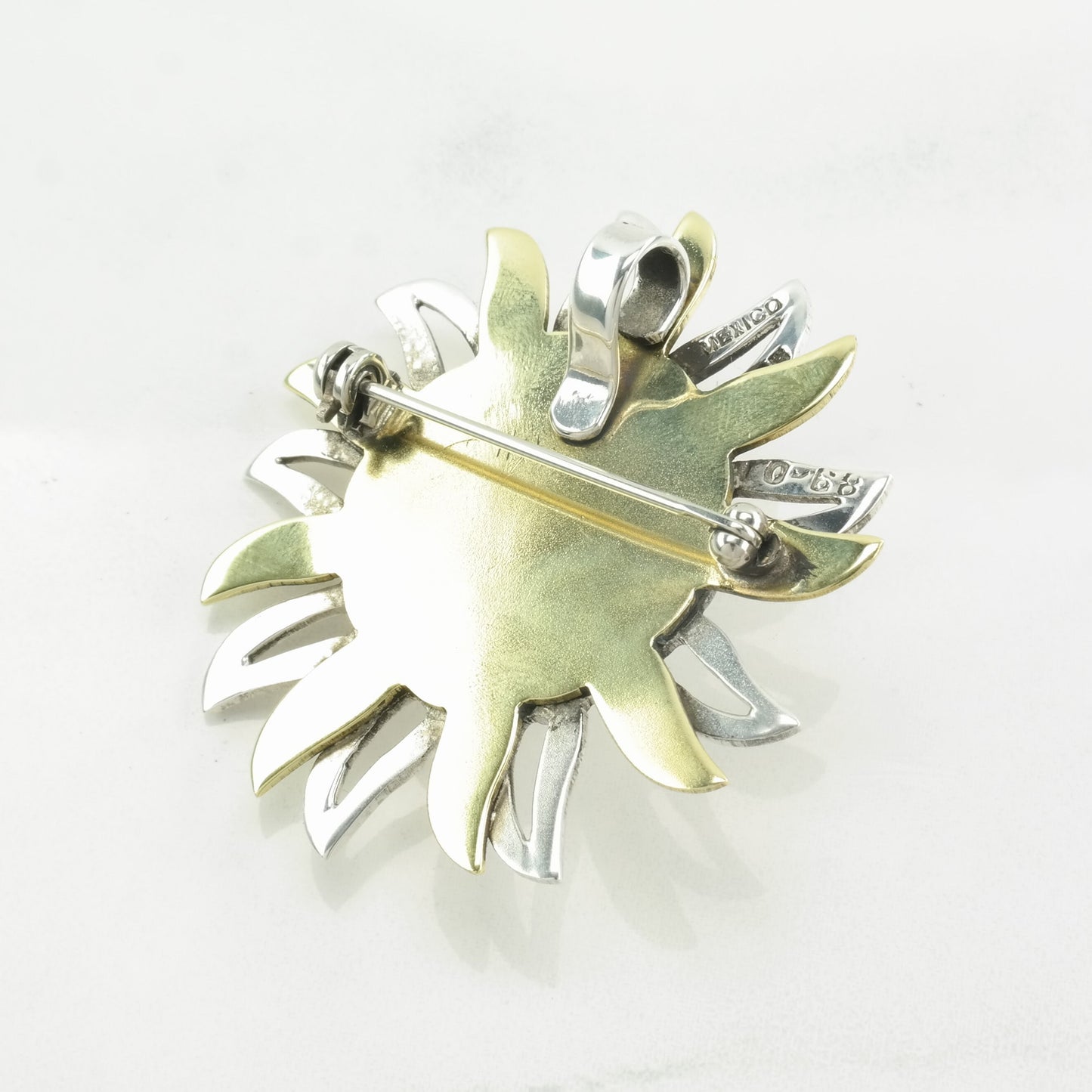 Mexican Sterling Silver Brooch Pendant Two Tone Sun, Carved Moonstone