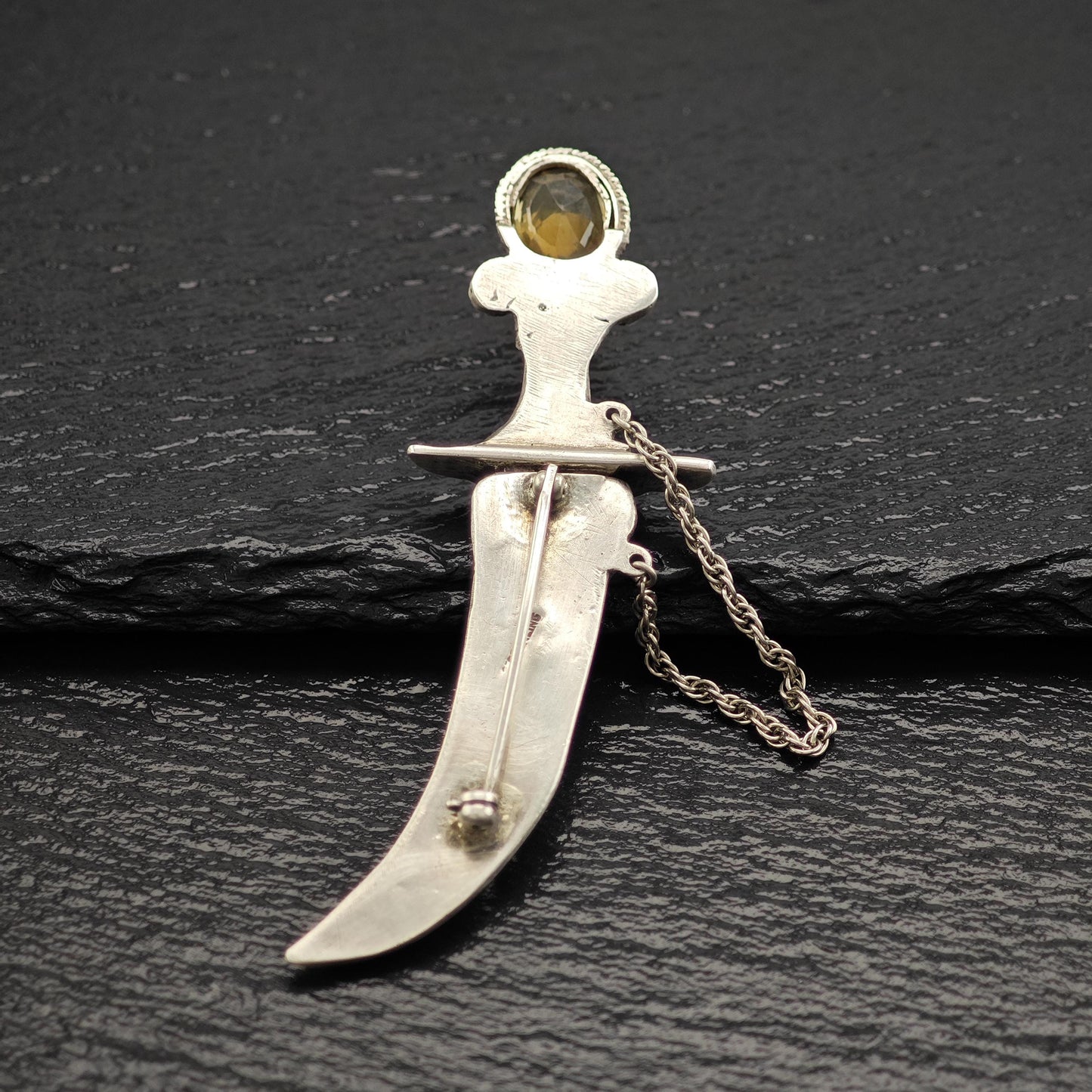 Handmade Sterling Silver Scimitar Brooch with Citrine Aquamarine Garnet Accents