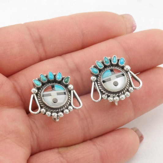 Vintage Native American Multi-color Turquoise & Gemstones Kachina, Inlay Sterling Silver Screw Back Earrings