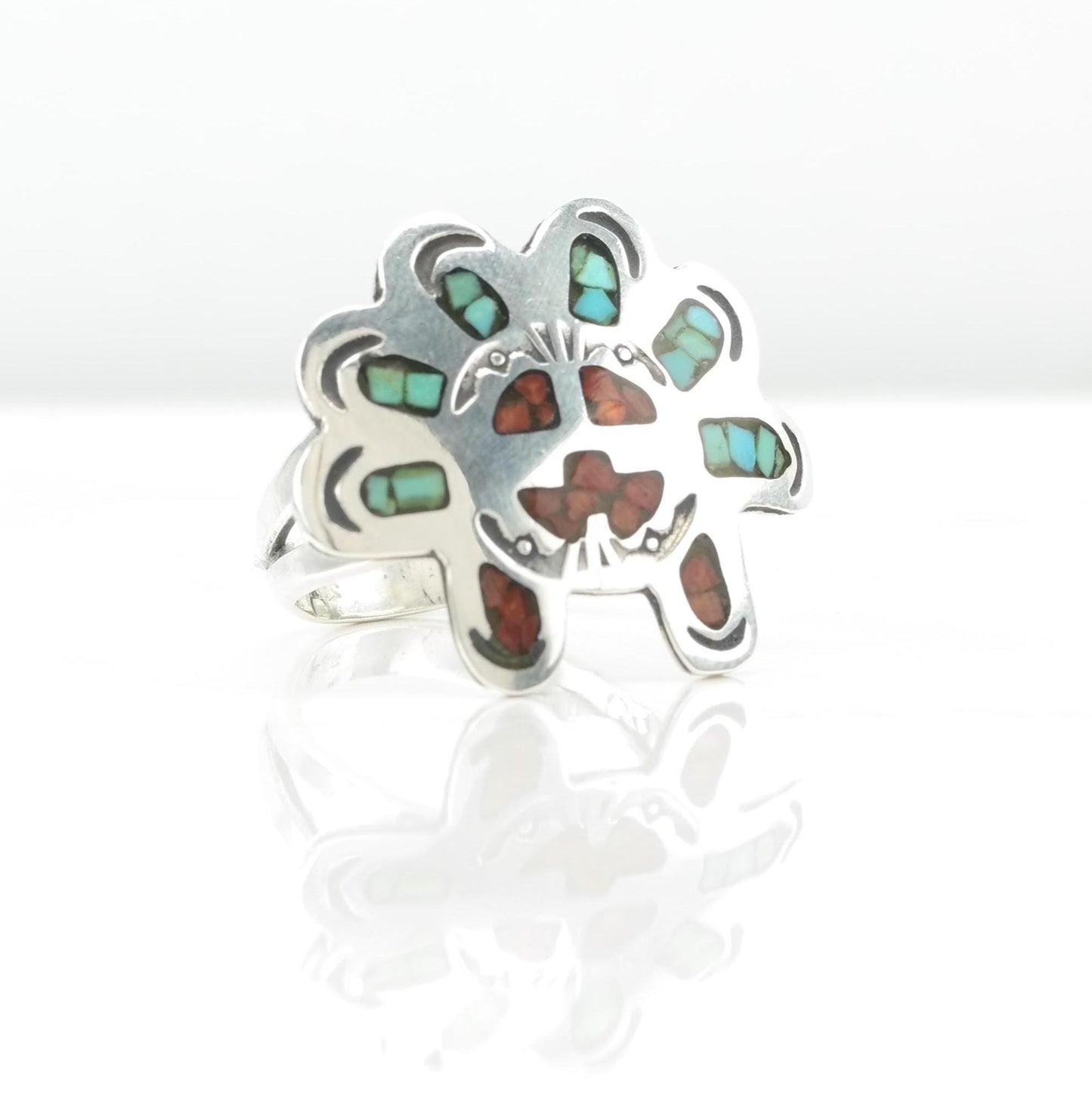 Native American Sterling Silver Ring Turquoise, Coral Inlay, Sunface