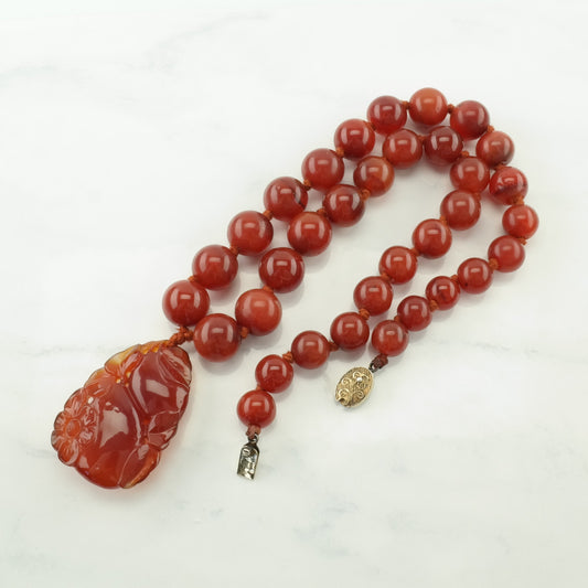 Vintage Chinese Export Sterling Silver Red Carnelian Carving, Fruit Beaded Necklace Necklace