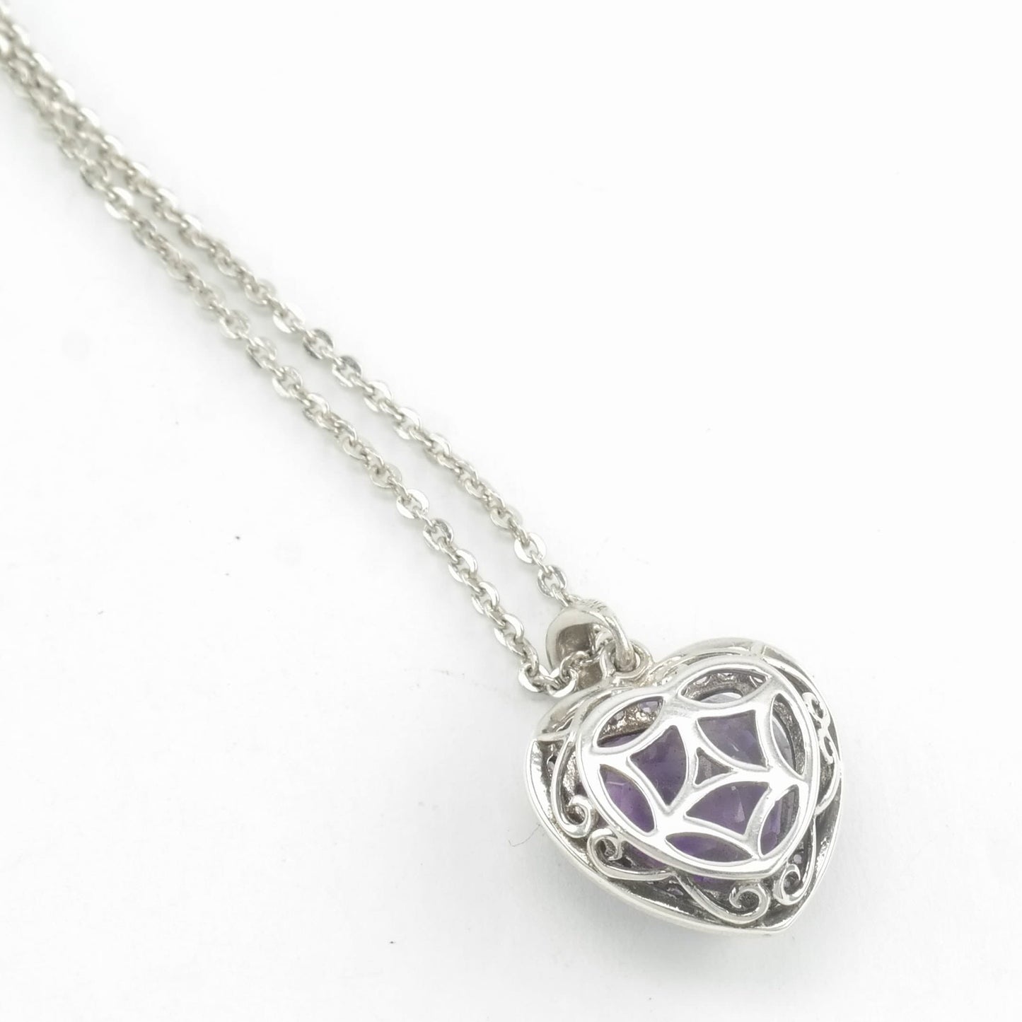 Sterling Silver Purple Amethyst Heart, Checkerboard Cut Necklace