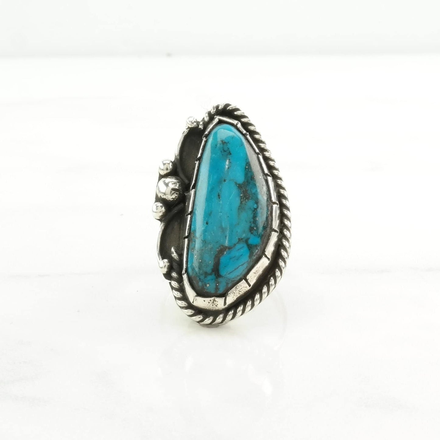 Southwest Silver Ring Turquoise Rope Detail Sterling Blue Size 8