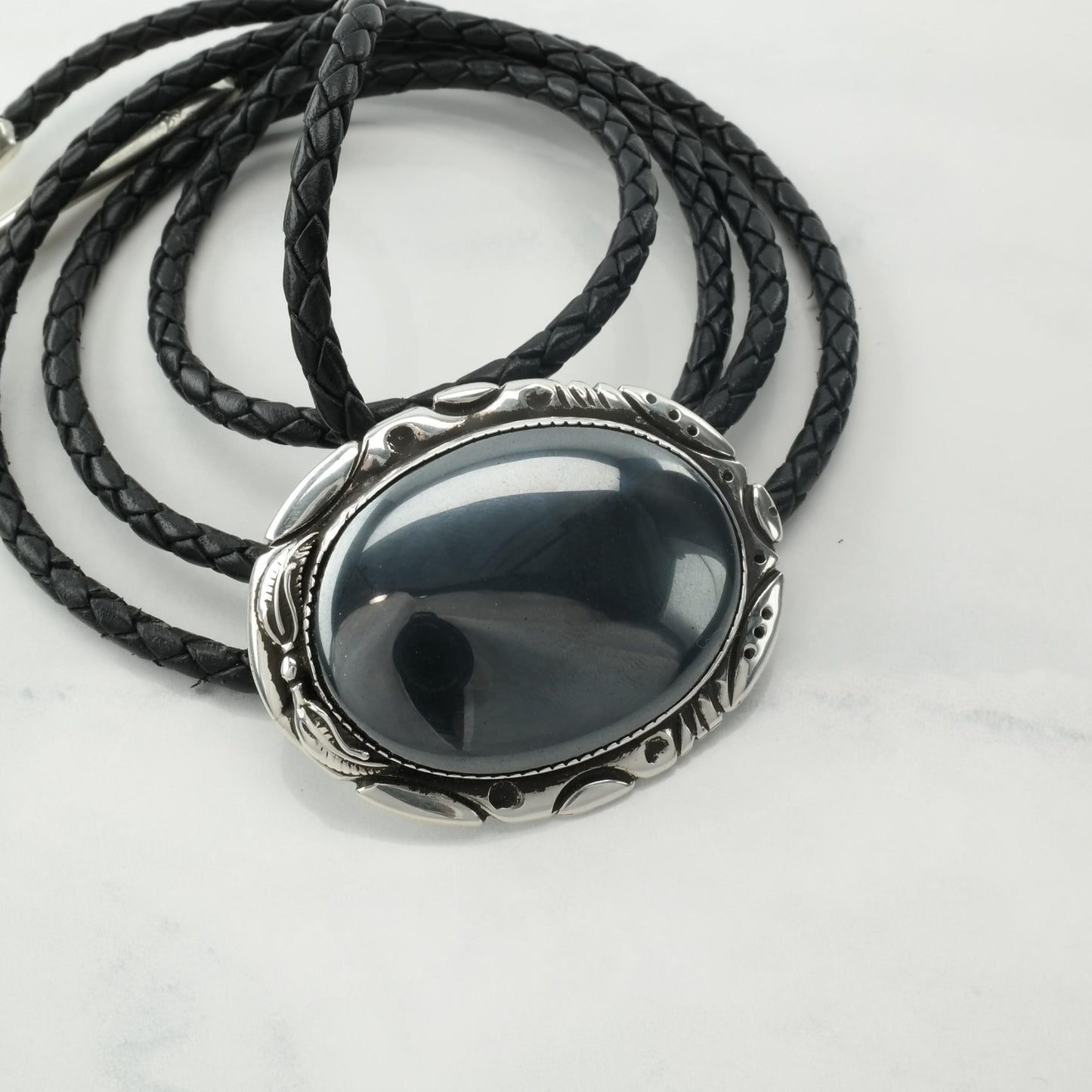 Black Hematite Bolo Tie Necklace Southwest Sterling Silver Vintage