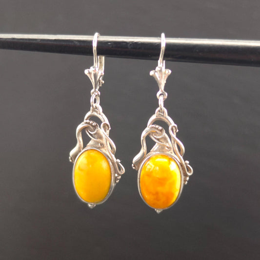 Vintage Yellow Amber Oval Sterling Silver Lever Back Earrings
