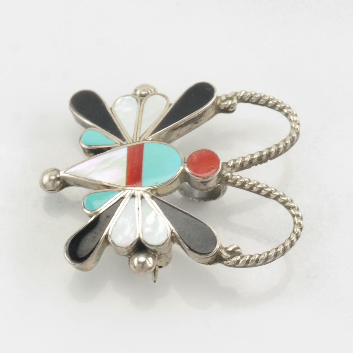 Native American Sterling Silver Brooch Pendant Inlay, Butterfly Coral, MOP, Turquoise, Jet