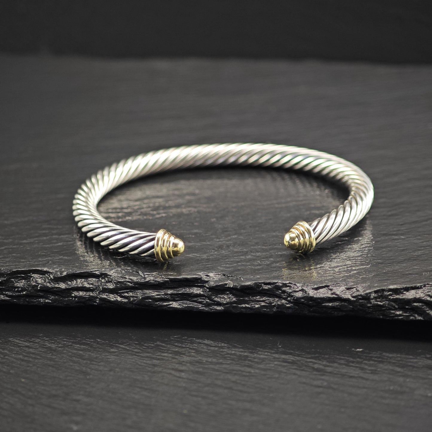 David Yurman 5mm 14K Gold Accent Cable Cuff Bracelet Sterling SIlver