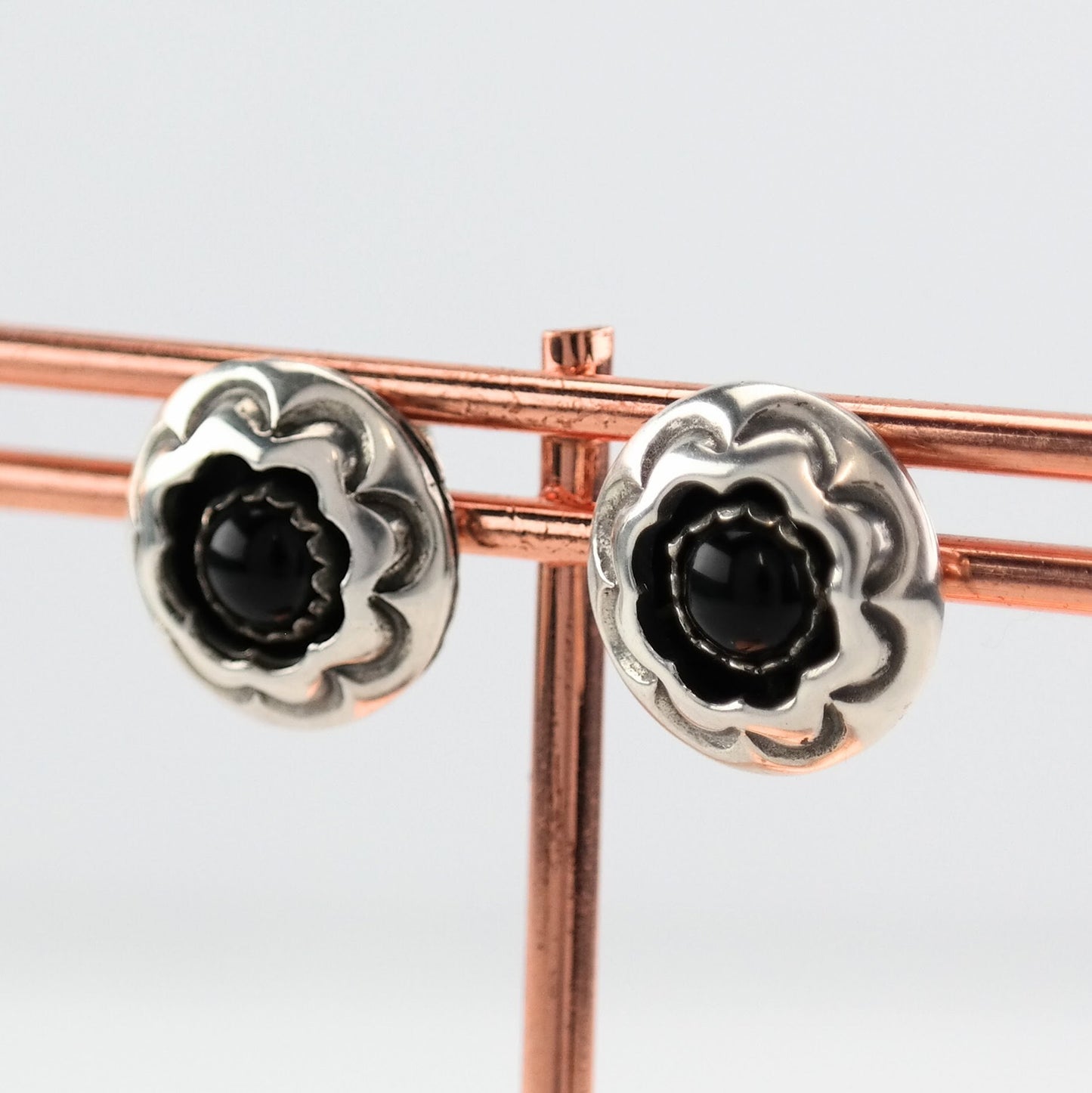 Southwest Sterling Silver Black Onyx Floral Earrings Stud