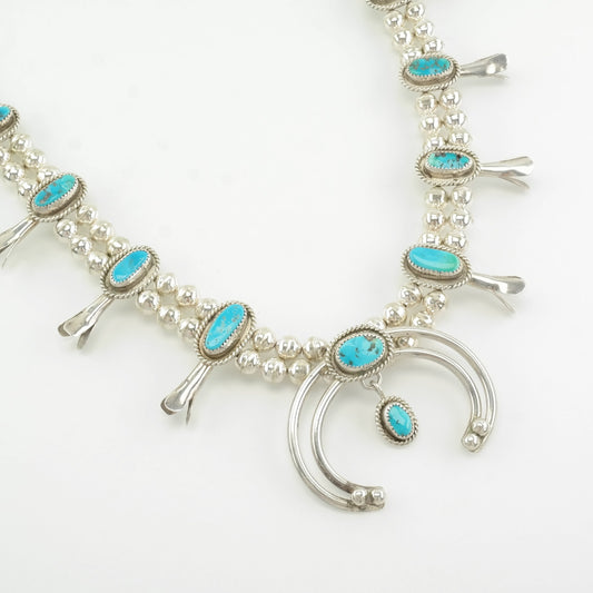 Native American Sterling Silver Blue Turquoise Sleeping Beauty Squash Blossom Necklace