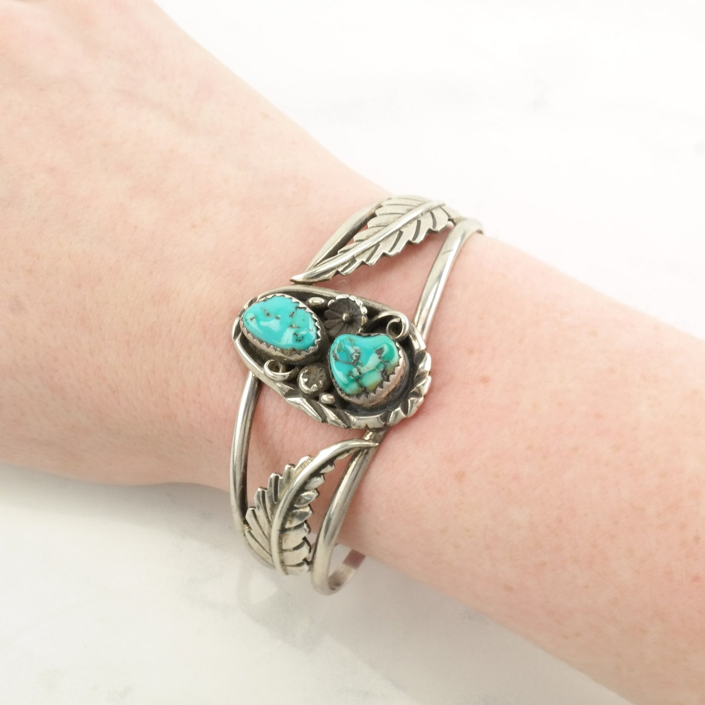 Sterling Silver Cuff Bracelet Blue Turquoise Feather, Two Stone