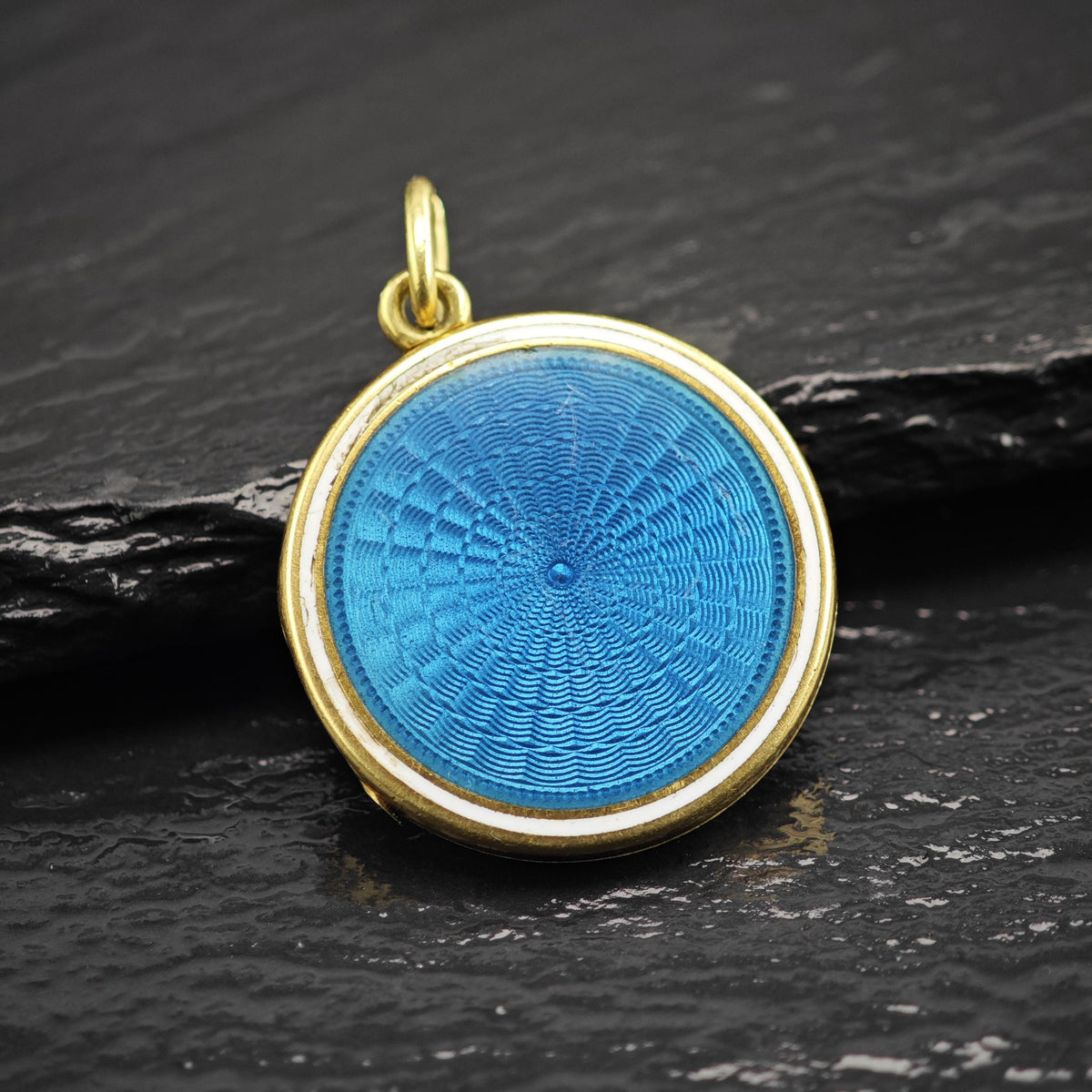 Antique Blue Enamel 14K Gold Locket Pendant Engraved R.K. P3105
