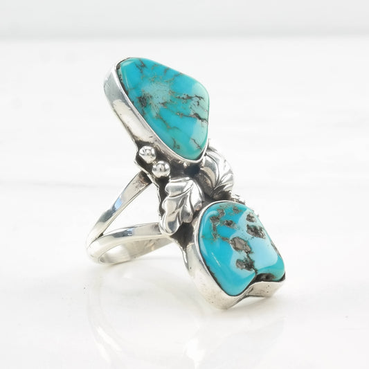 Native American Ring Two Stone Turquoise, Feather, Leaf Sterling Silver Size 7