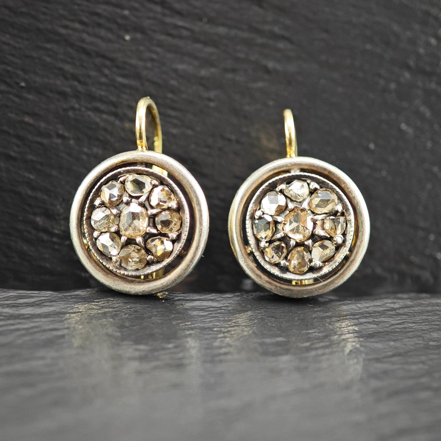 Antique Gold Rose Cut Diamond Lever Back Earrings Silver Over Gold Georgian Elegance