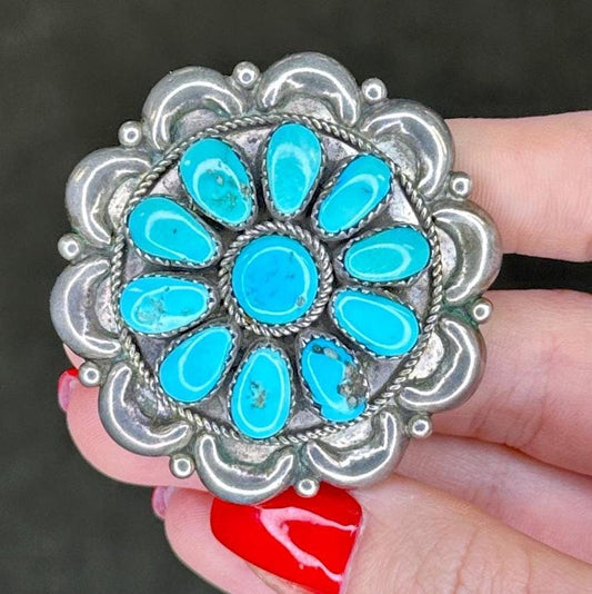 Native American Sterling Silver & Turquoise Brooch/Pendant | Floral Cluster Design | Signed