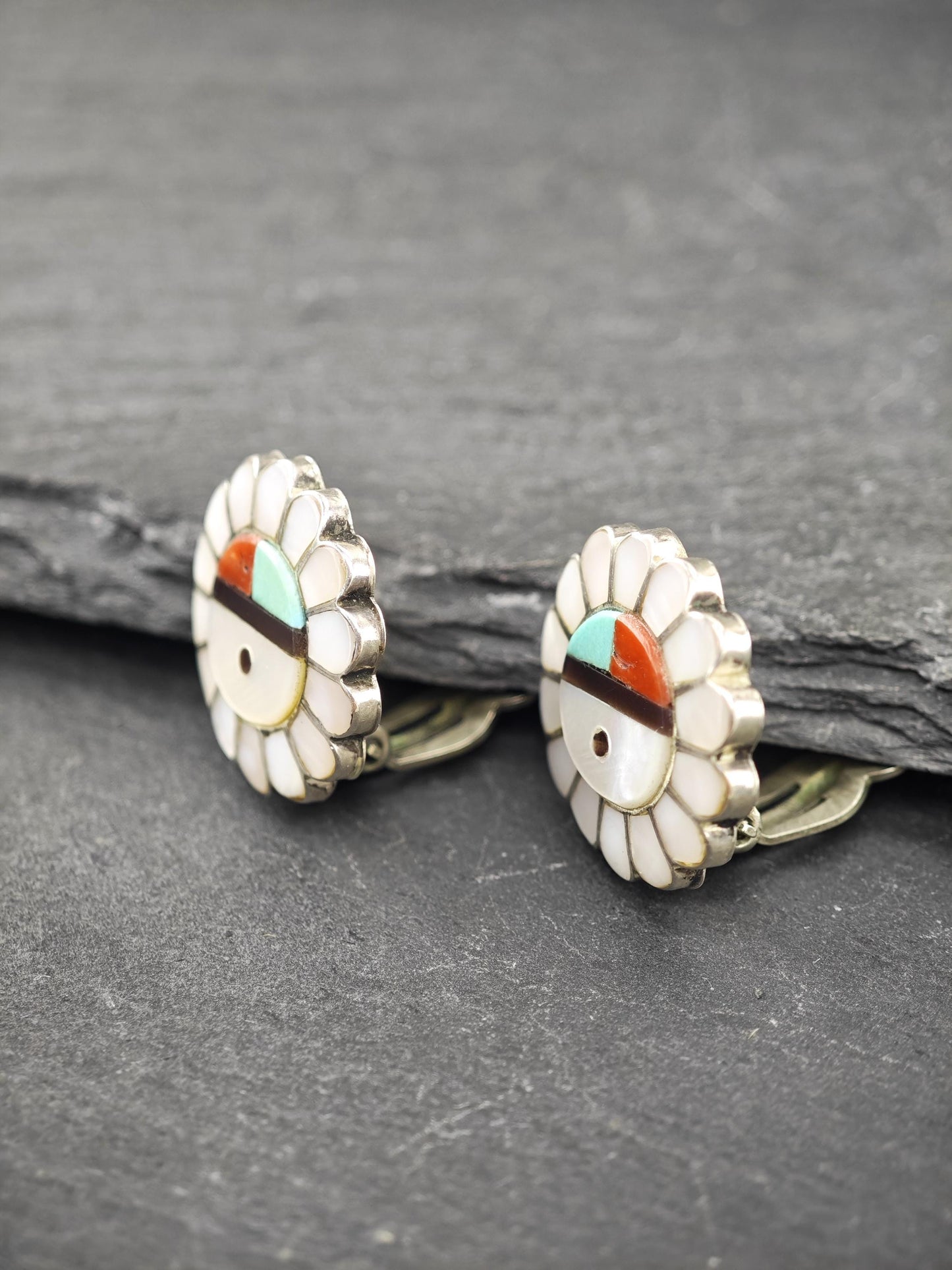 Native American, Floral Clip On Earrings Sterling Silver