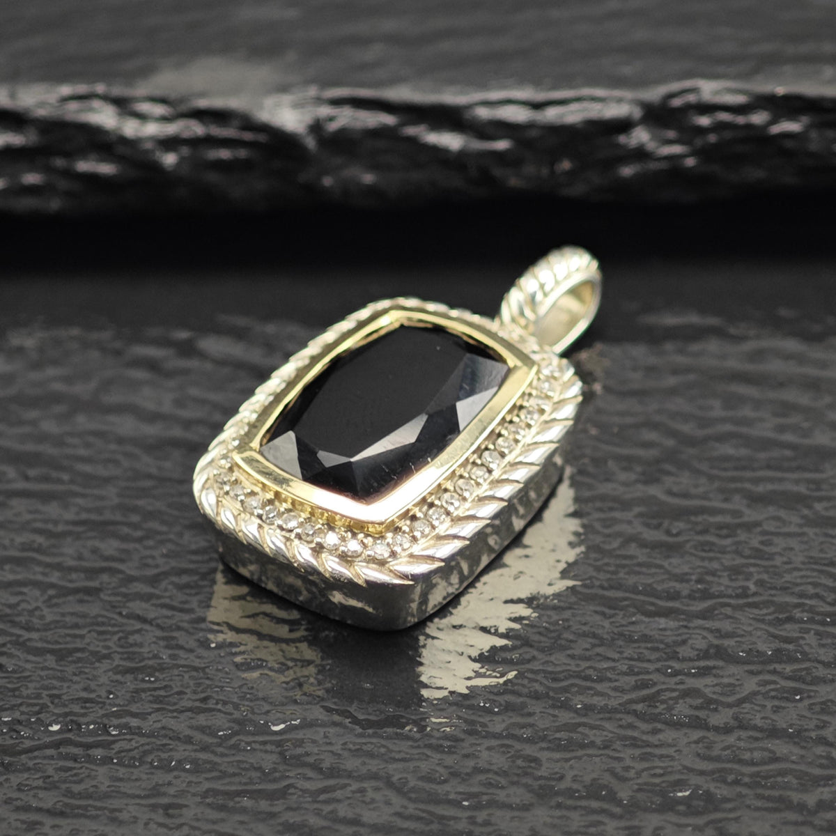 Vintage Designer Diamond Onyx 14K Bezel Woven Sterling Silver Pendant P3087