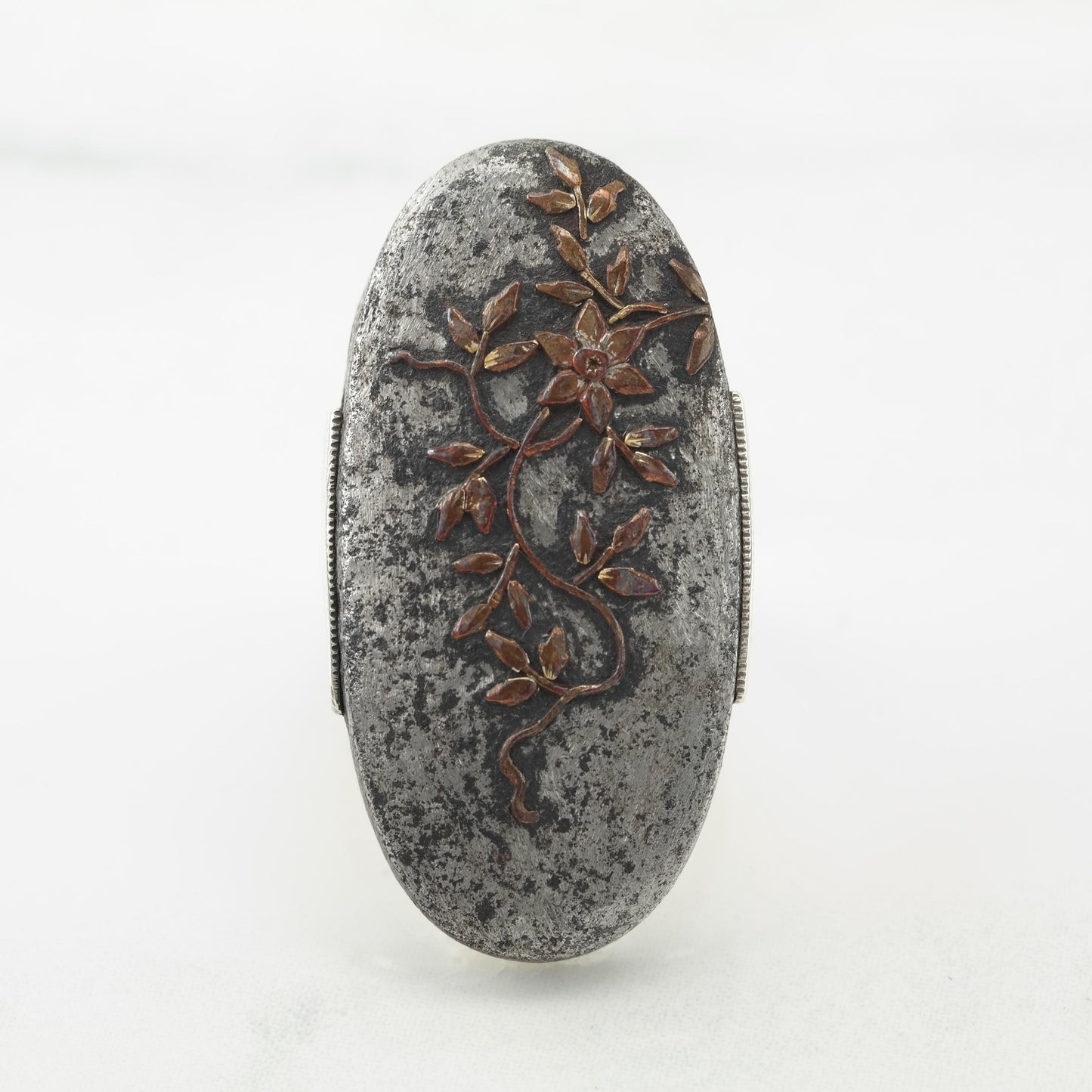 Meiji Period, Japanese Silver Ring Shakudo Floral Tree Sterling Grey Tone, Copper Tone Size 5