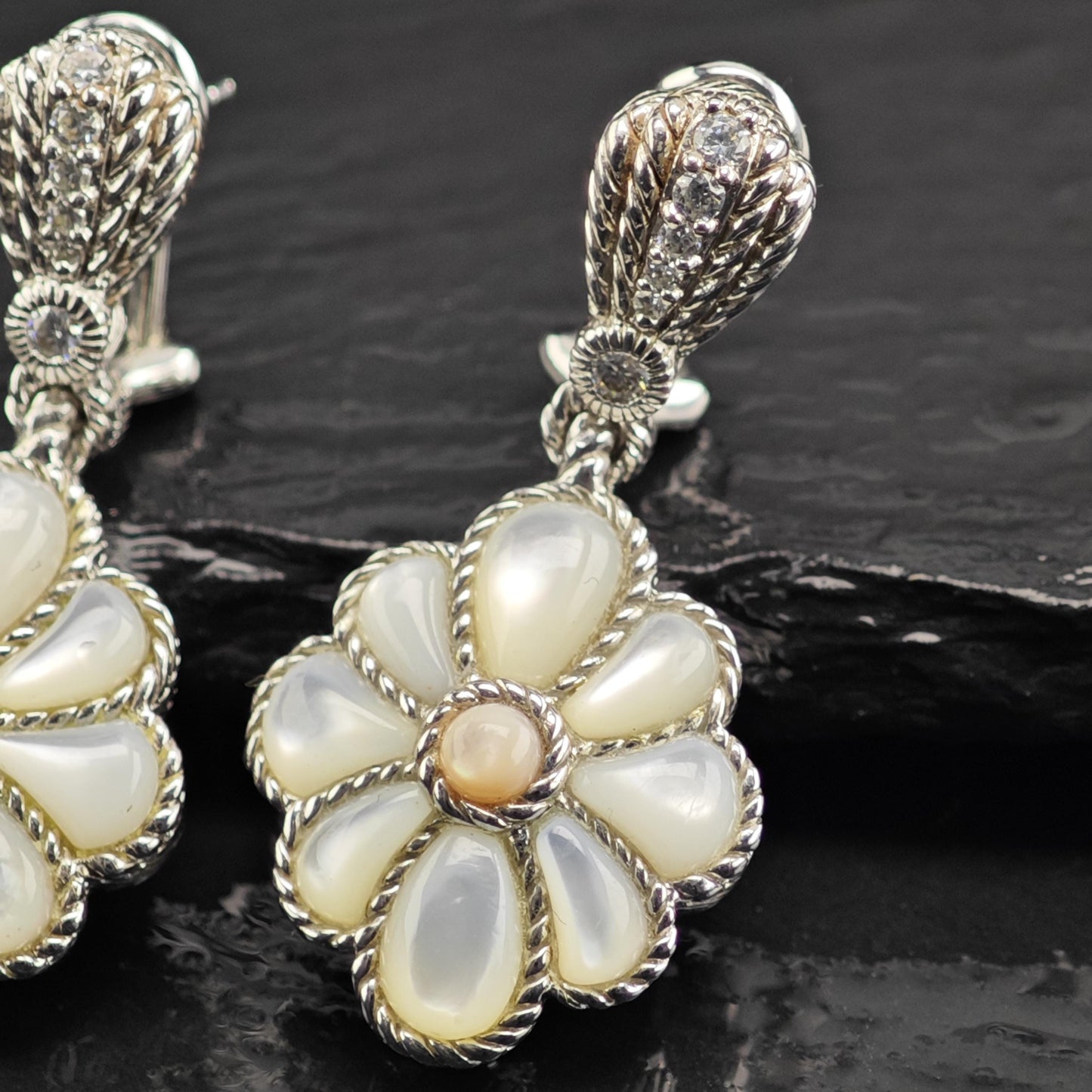Vintage Judith Ripka Mother of Pearl, CZ Omega Back Sterling Silver Earrings ER3192