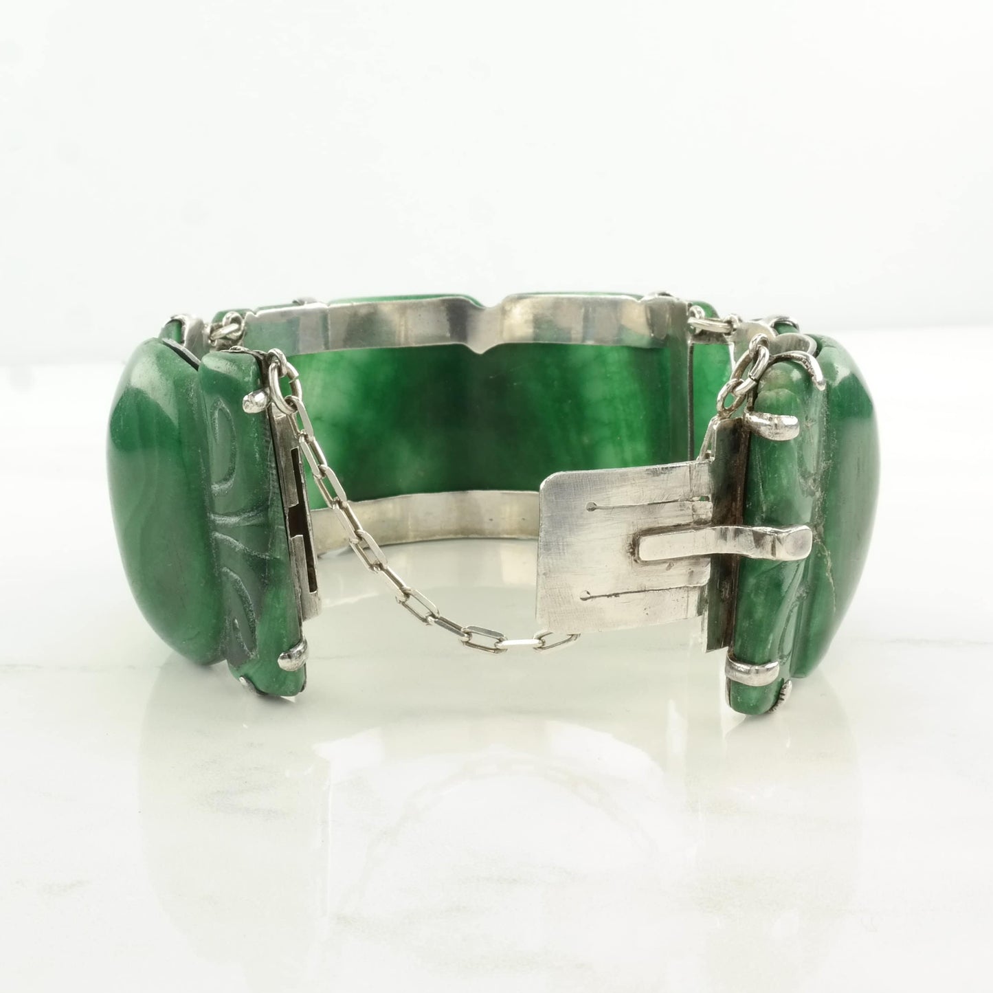 Mid Century Sterling Silver Link Bracelet Green Carved, Peruvian Jade Heart