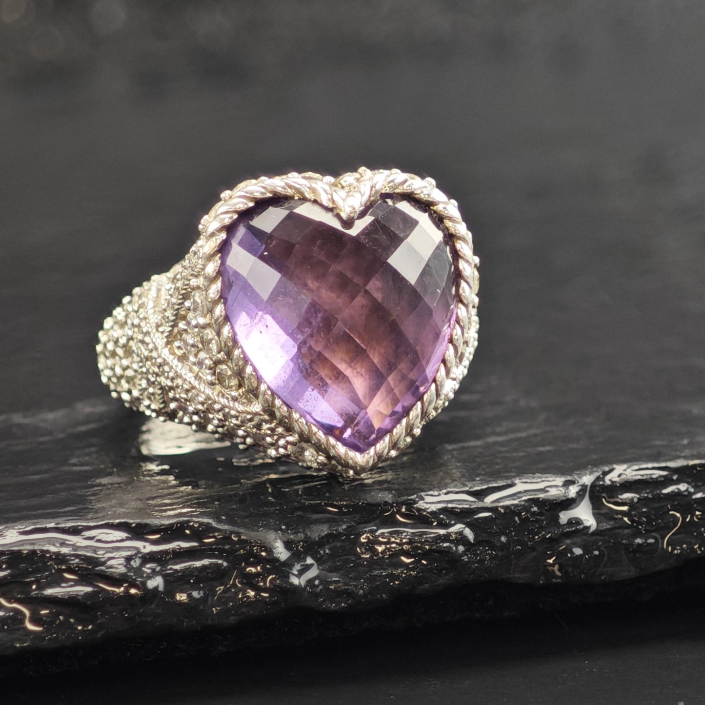 Purple Quartz Heart Doublet Sterling Silver Ring Sz 6 R6607