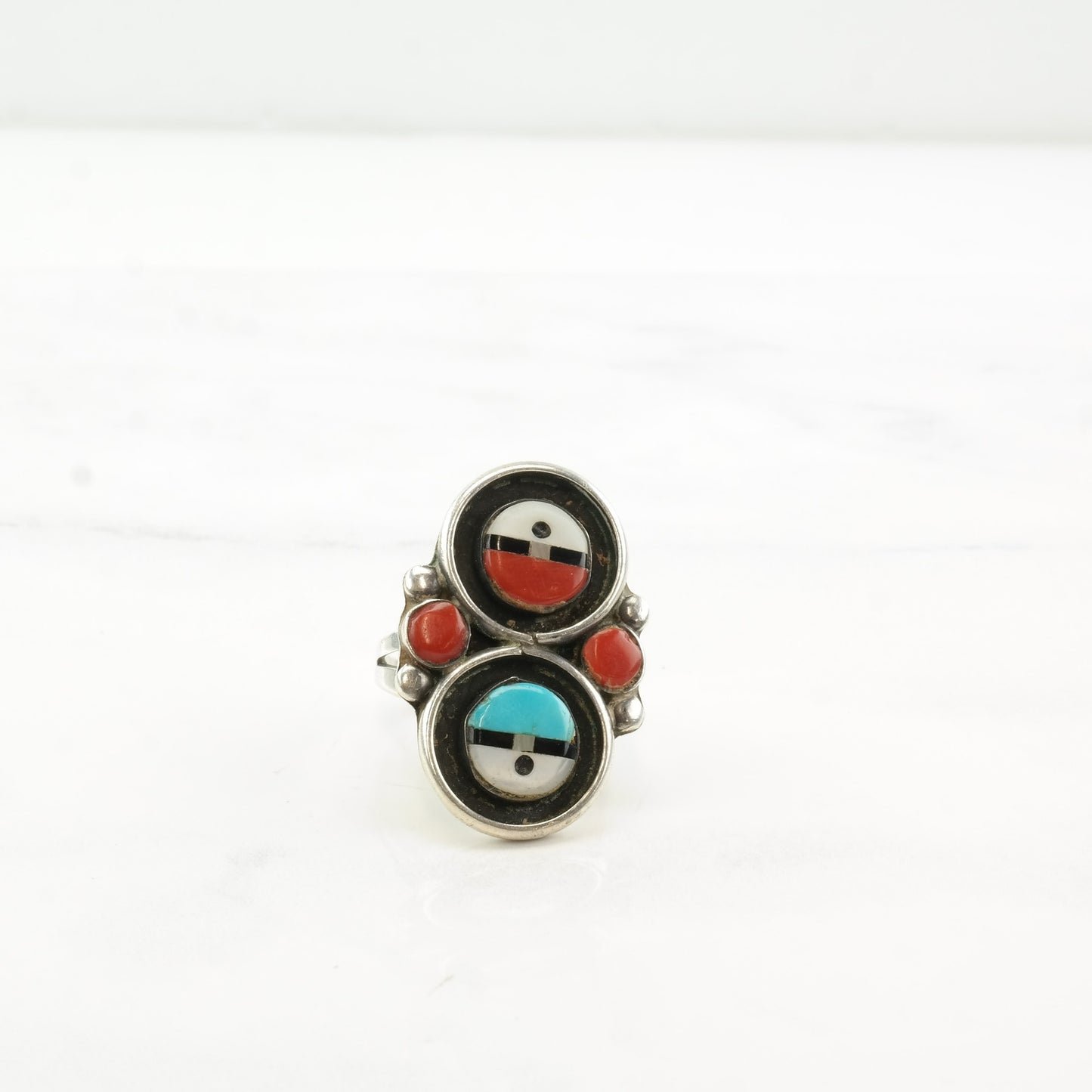 Vintage Native American Silver Ring Coral Turquoise MOP Onyx Two Sun Inlay Sterling Size 6 1/2
