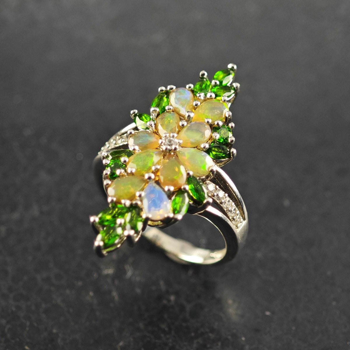 Opal Diopside Floral Cluster Sterling Silver Ring Sz 9 R6876