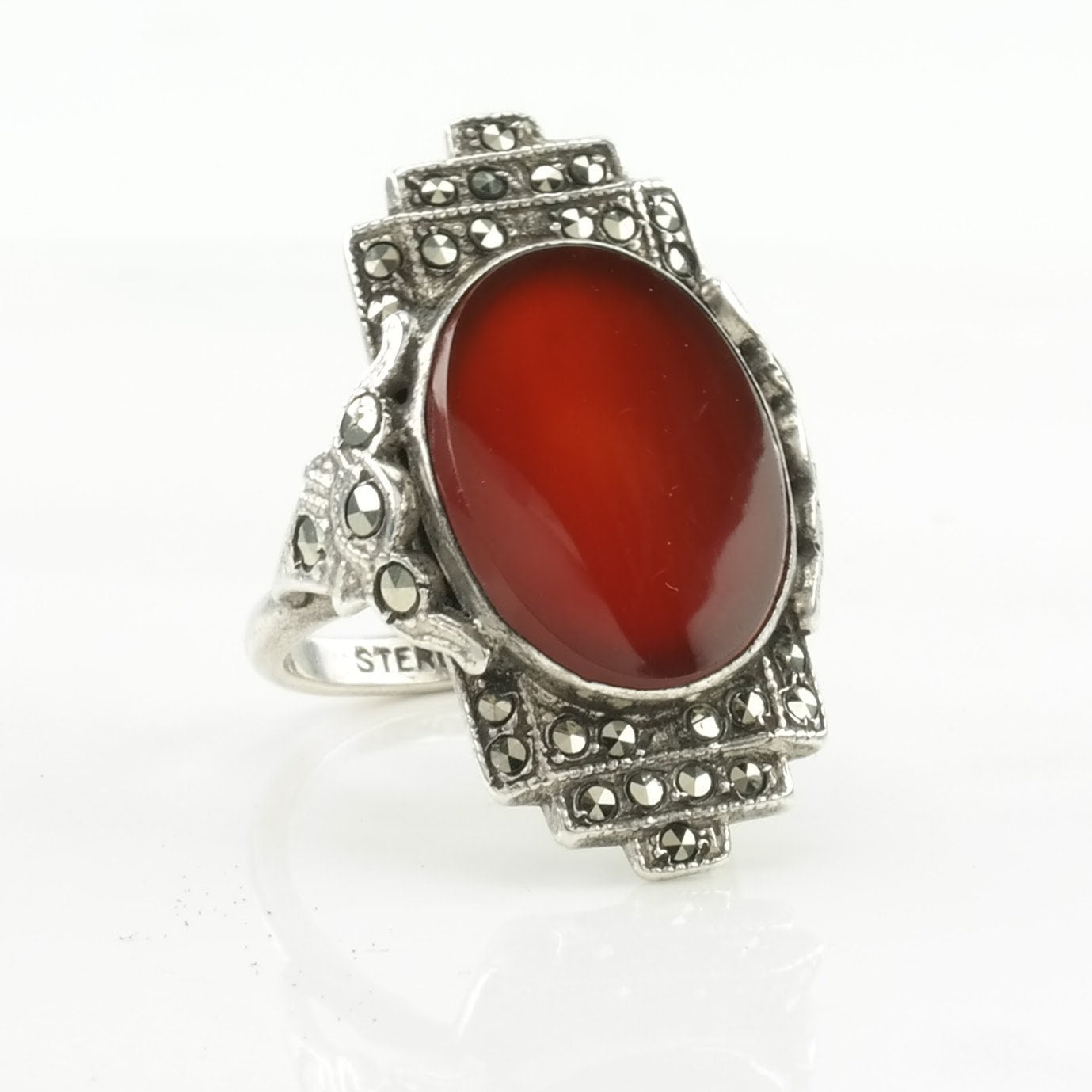 Art Deco Silver Ring Carnelian Marcasite Sterling Red Size 4 1/4