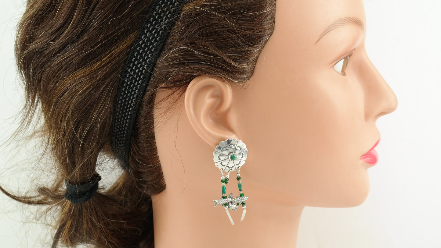 Southwest Sterling Silver Malachite Animal Dreamcatcher Bead Earrings