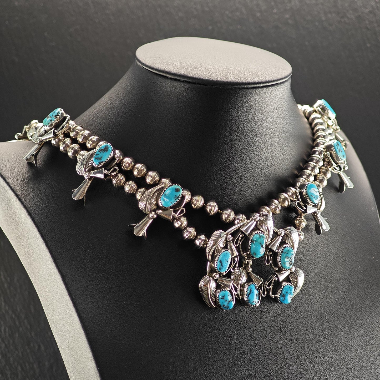 Native American Blue Sleeping Beauty, Floral Squash Blossom Necklace Sterling Silver