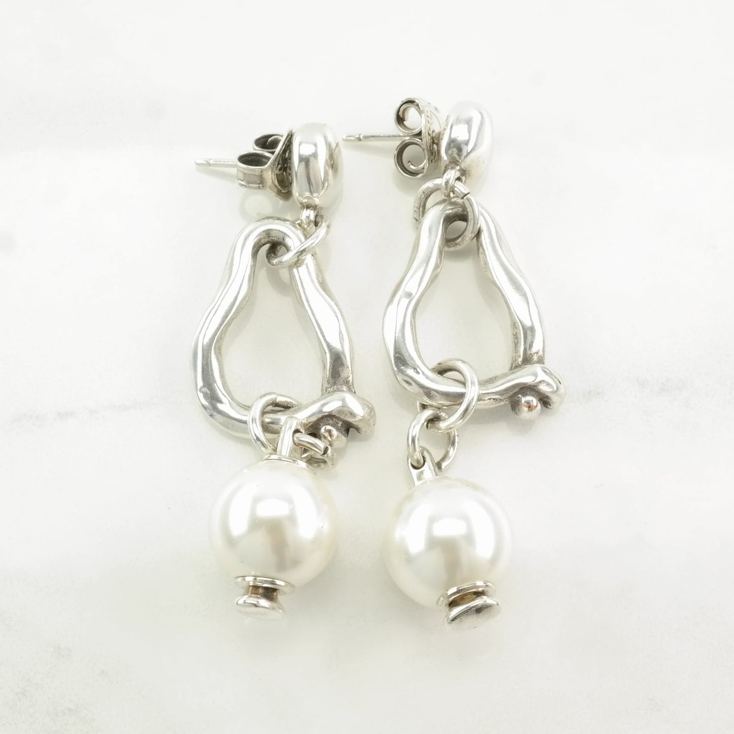 Modernist Sterling Silver Faux Pearl Abstract Earrings Stud Dangle