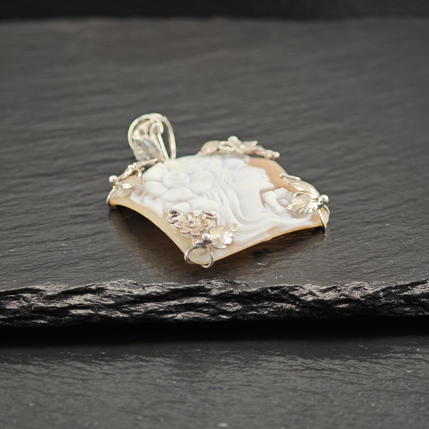 Vintage Italy Made Cameo Floral Pendant Sterling Silver