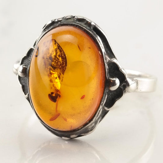 Art Nouveau Silver Ring Amber Sterling Size 7 1/4