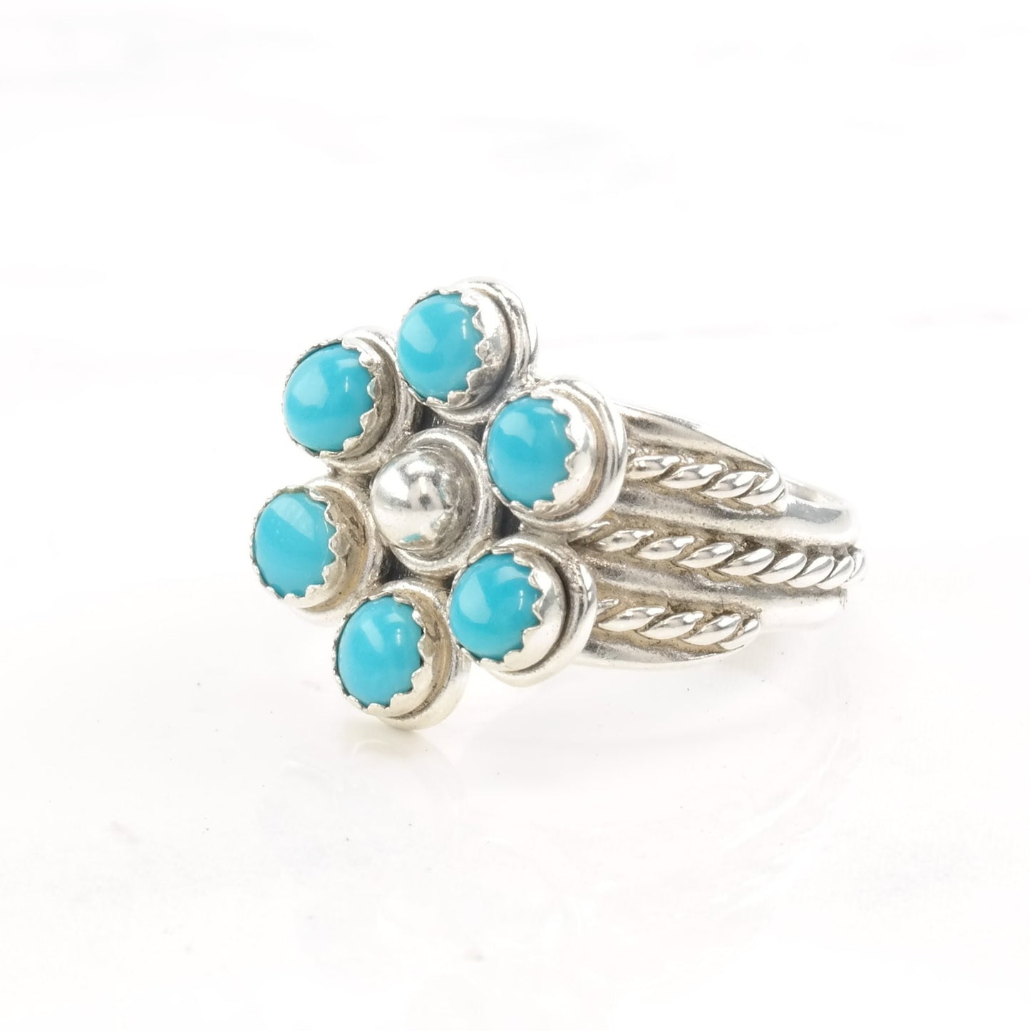 Southwest Silver Ring Turquoise Cluster Flower Size 6 1/2