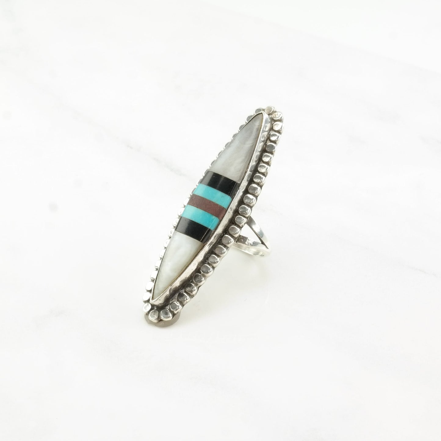 Zuni Silver Ring MOP Onyx Turquoise Navette Long Oval Inlay Sterling Size 6 1/2