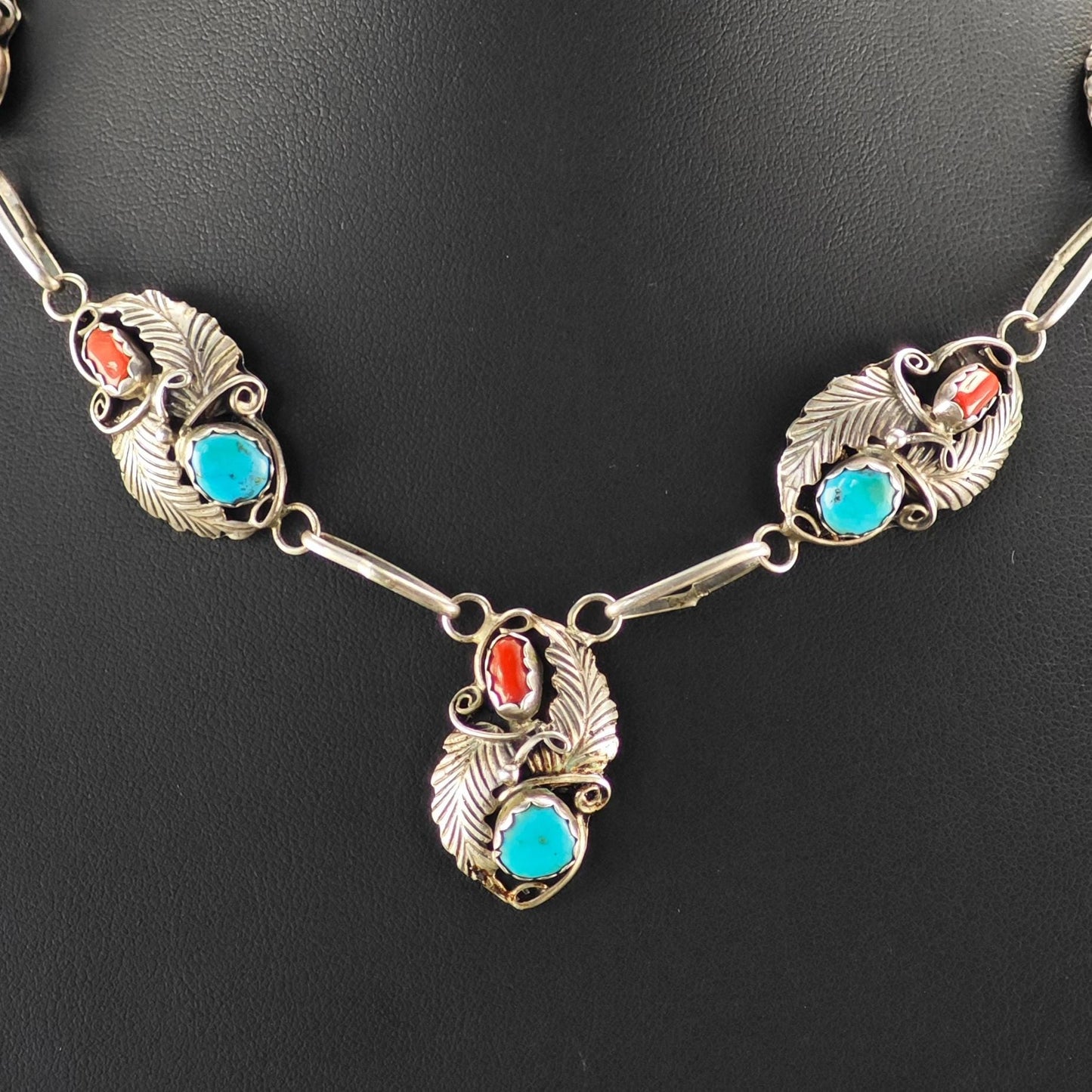 Native Sterling Silver Blue, Red Turquoise, Coral Floral, Shadowbox Necklace N2593