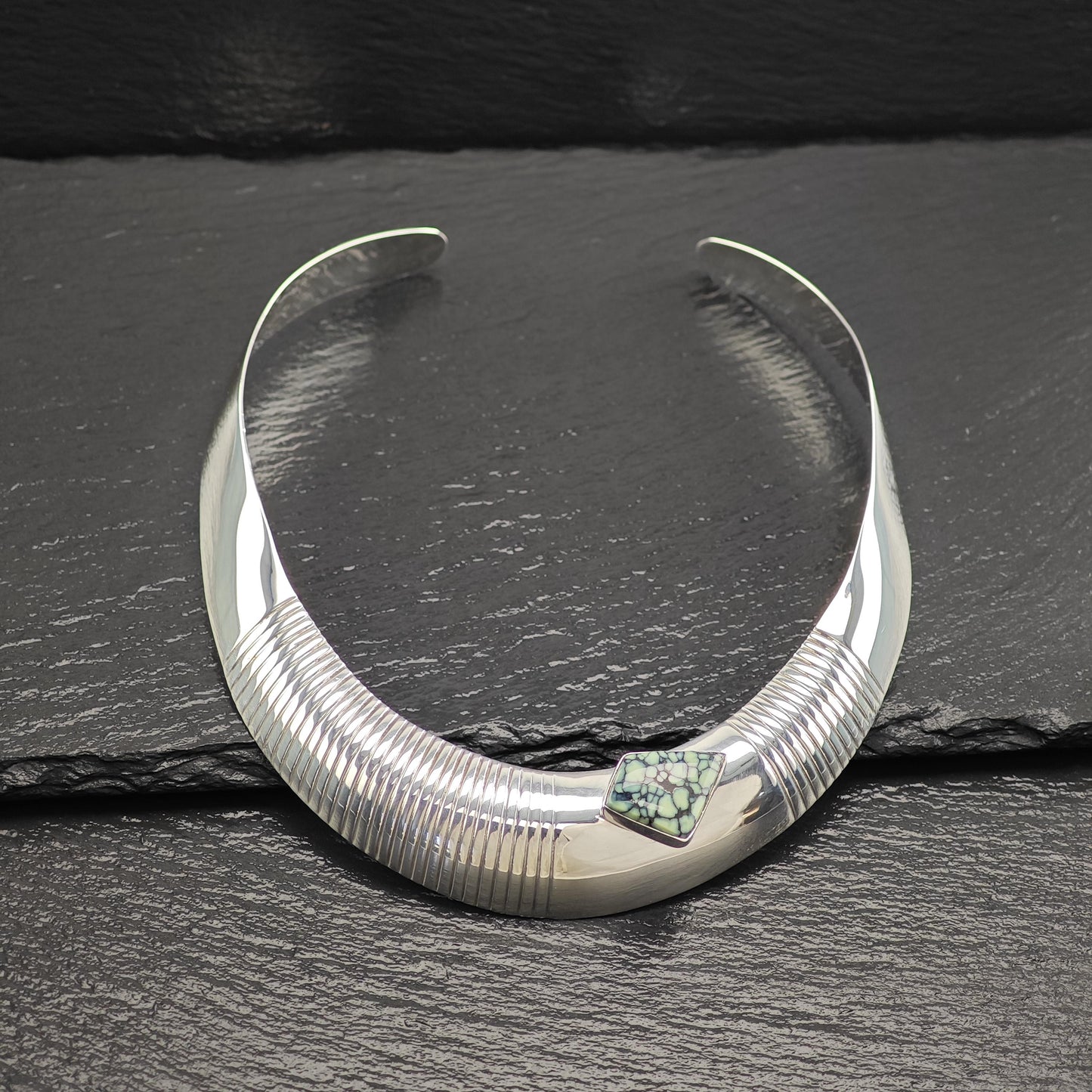 Native Green Variscite, Spiderweb Choker Necklace Sterling Silver Collar N2570
