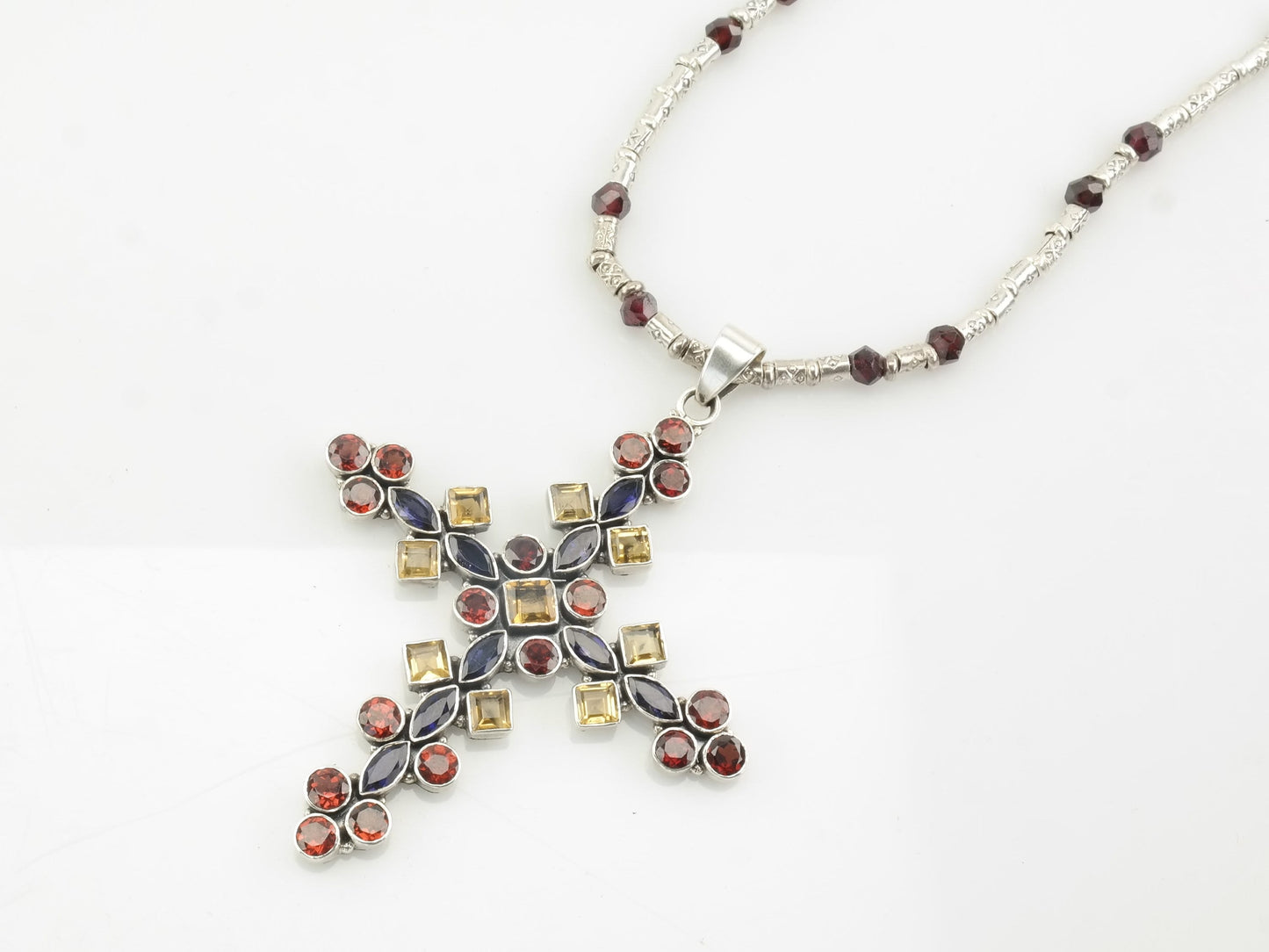 Vintage Sterling Silver Garnet Citrine Iolite Large Cross Necklace
