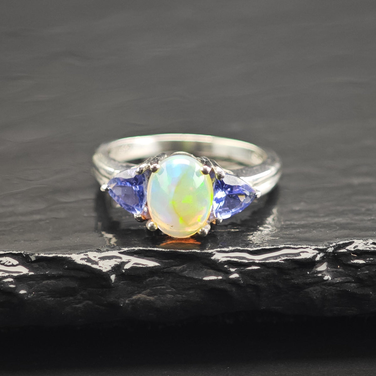 Opal Tanzanite Sterling Silver Ring Sz 5 R6745